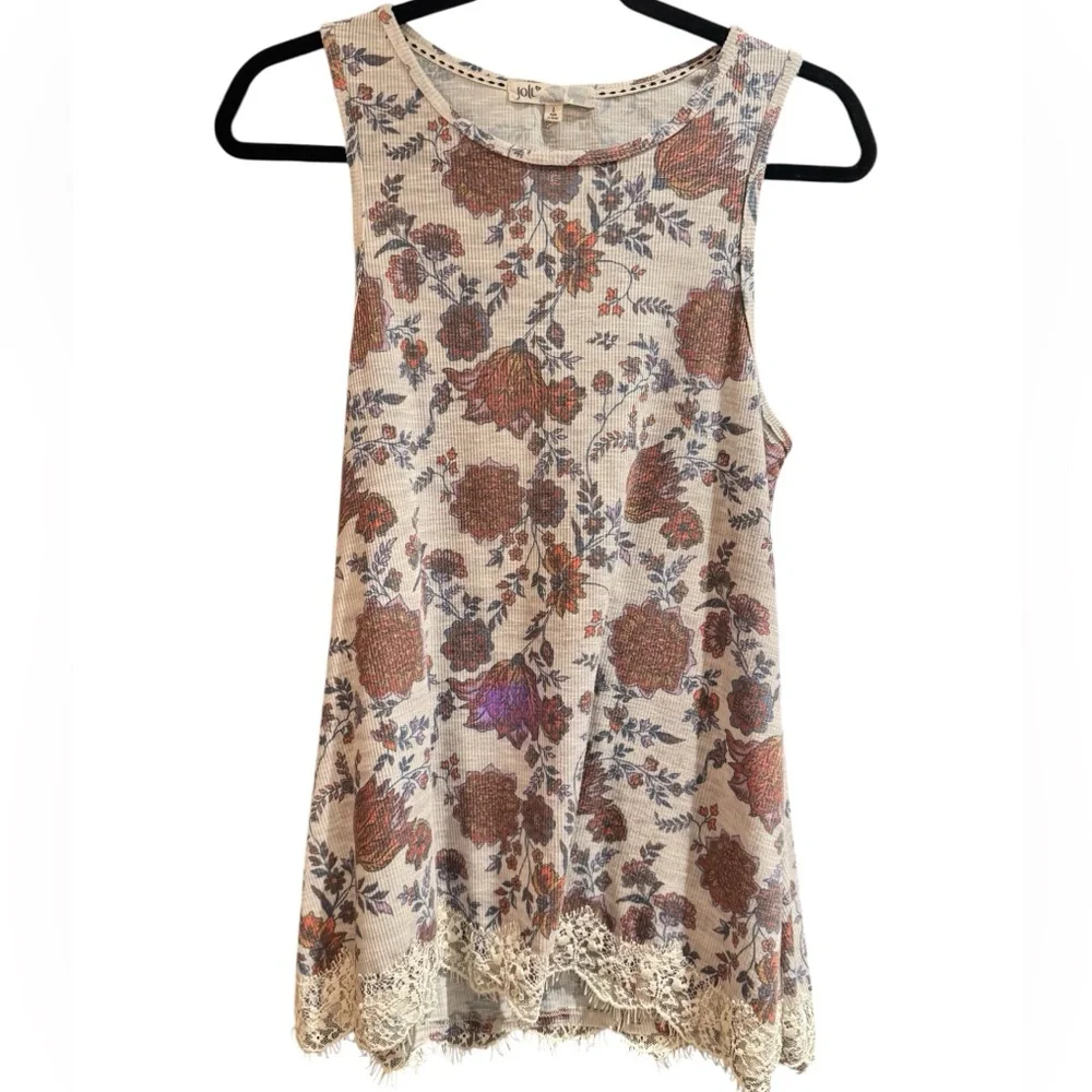 JOLT Floral Ribbed Tank Top with Lace Hem, Size L